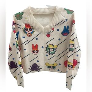 SHEIN The Powerfuff Girls X Sz(S) V Neck Cartoon Pattern Reglan Sleeve Sweater